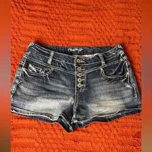 Amethyst Denim Shorts Size 9 | Y2K Button Fly | Low Rise | Distressed Wash